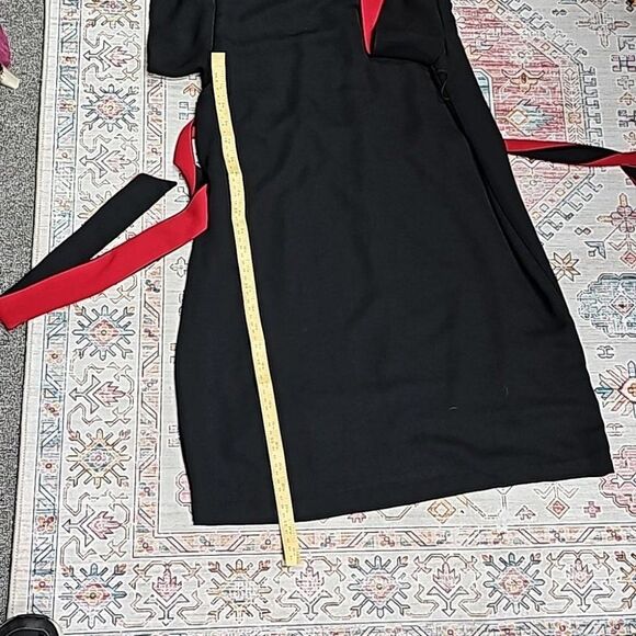 Vintage Black Dress Goth Witchcore Red Peekabo Black Sash Tie Flouce Sleeve - Picture 7 of 9